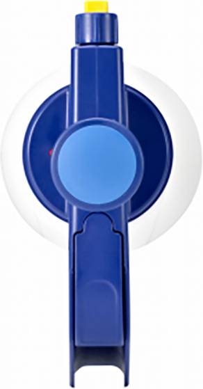 Blauer, handlicher Knopf an einem unbekannten Gerät mit einer gelben Spitze oben, vor einem neutralen Hintergrund.