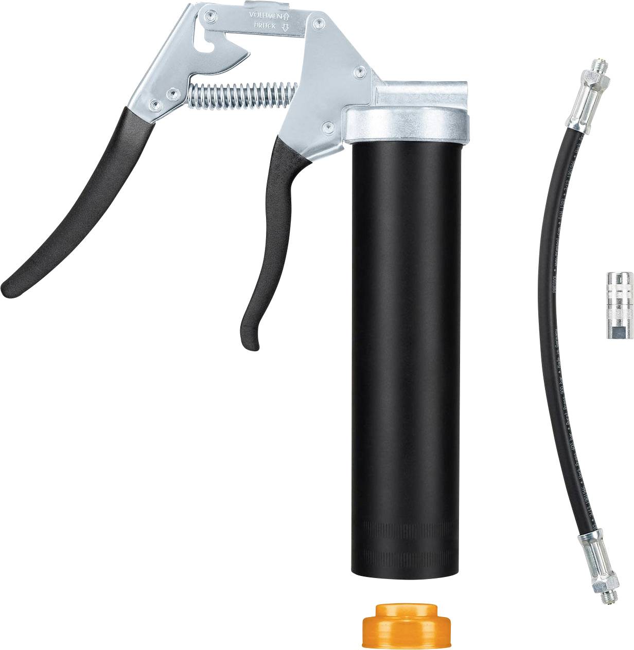 Handhebelfettpresse mit schwarzem Griff und Metallzylinder, abnehmbarem Schlauch und oranger Dichtungskappe.