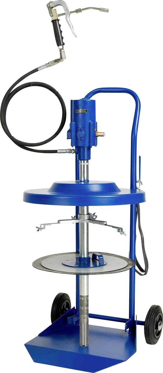 Ein tragbares blaues Fettpumpensystem mit Handgriff und Rädern, ideal für die Wartung und Schmierung von Maschinen.
