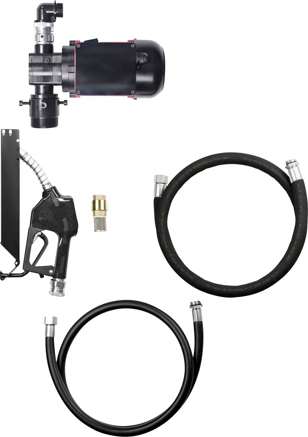 Tankanlage-Set mit Pumpe, zwei Schläuchen und Zapfpistole, geeignet für Dieselkraftstofftransfer. Enthält Adapter und Montagezubehör.