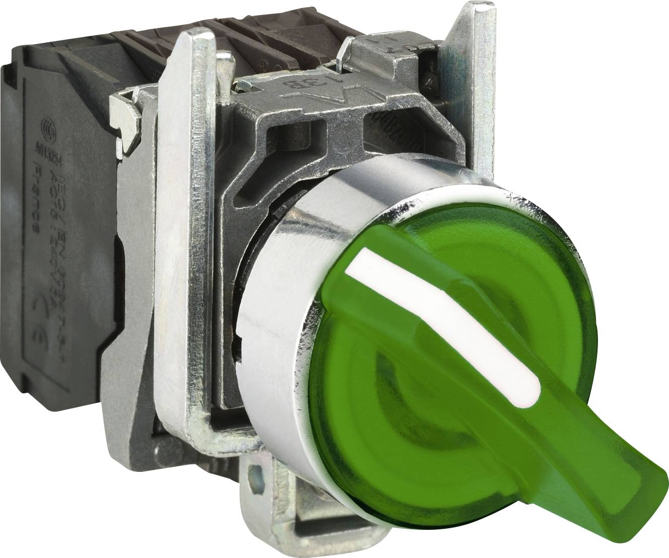Grüner Drehschalter mit metallischer Umrandung, positioniert auf einer schwarzen Basis.