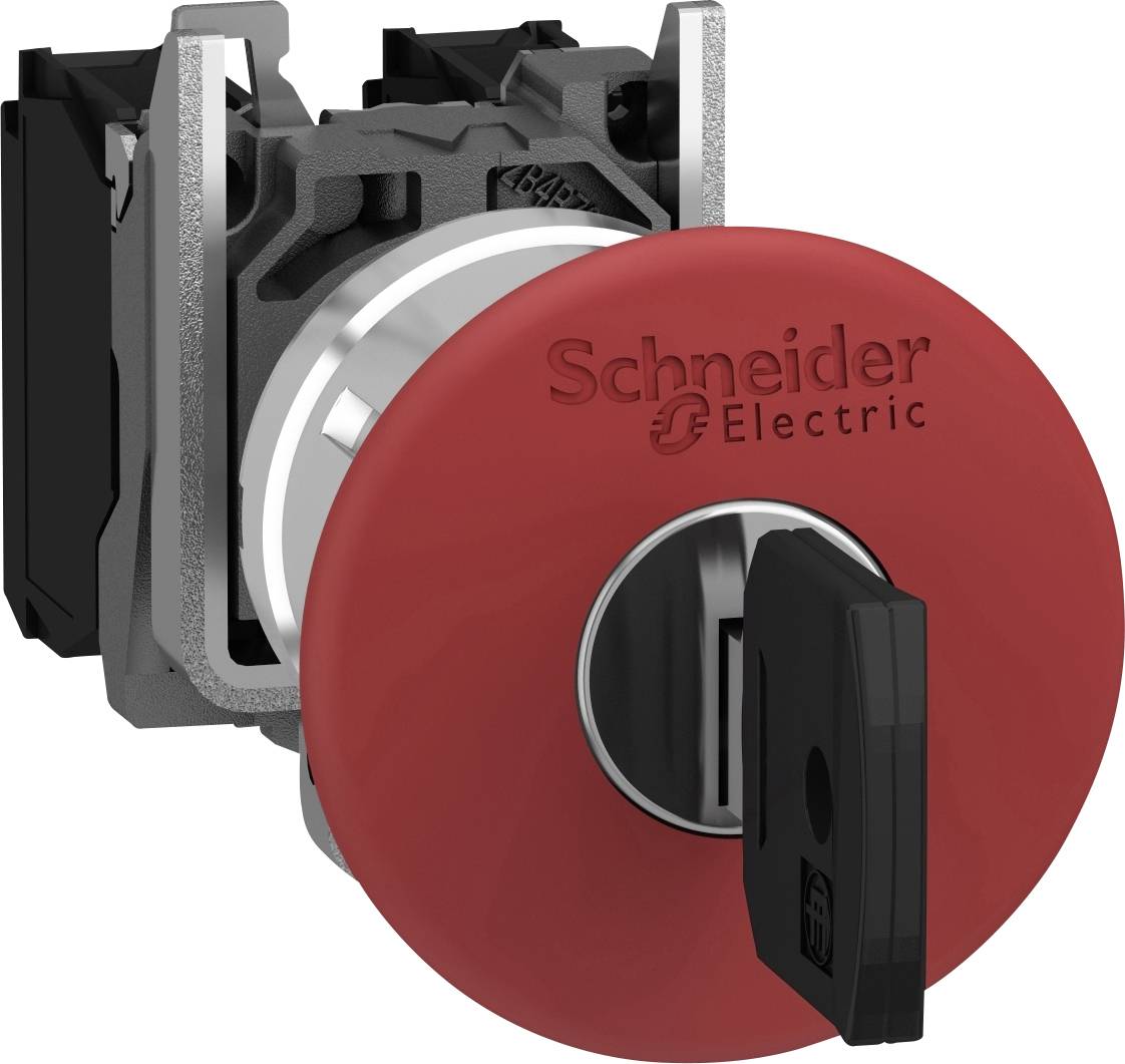 Rot-Schwarzer Schalter mit dem Aufdruck 'Schneider Electric', dient zur Steuerung und Kontrolle elektrischer Geräte und Systeme.