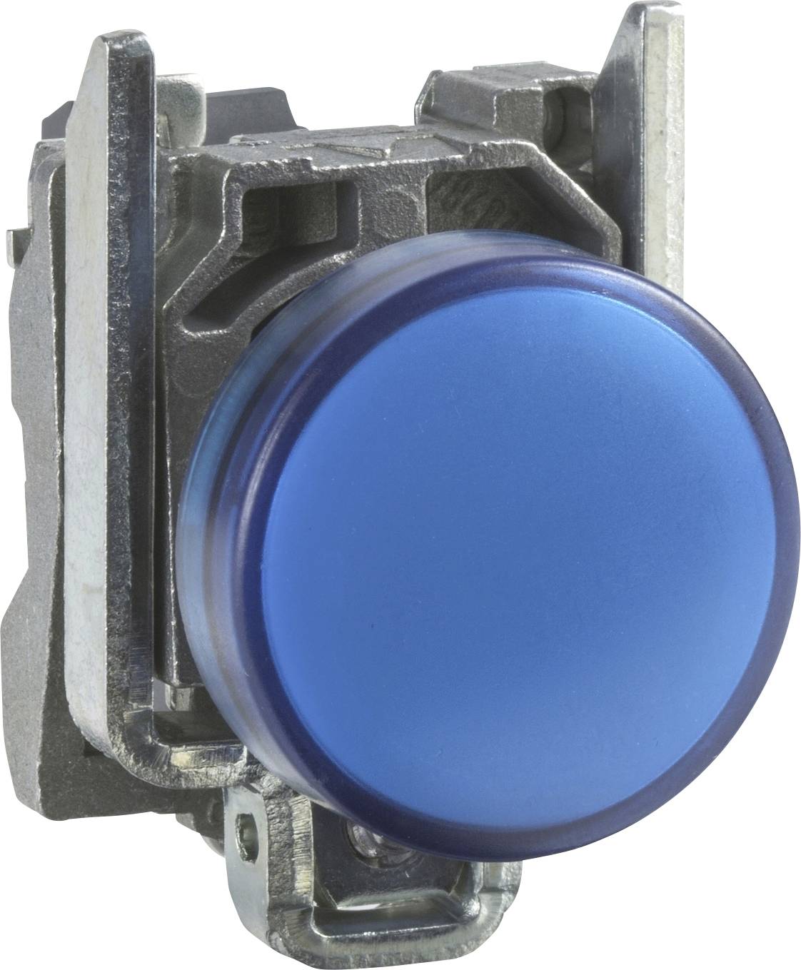 Ein blauer Druckknopf, montiert auf einem silbernen Metallsockel. Der Knopf eignet sich zur Steuerung von mechanischen Prozessen.