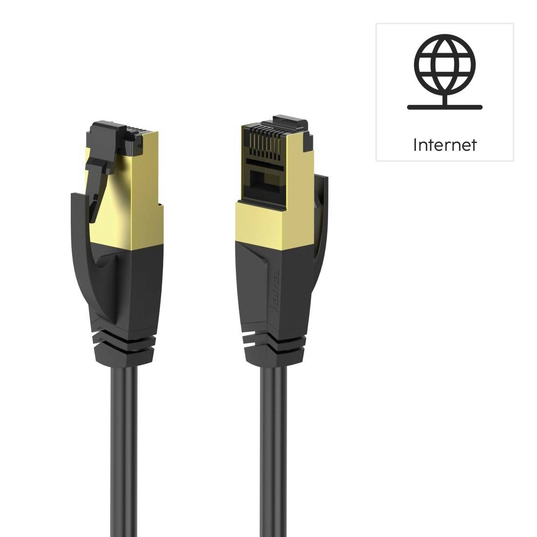 Zwei LAN-Kabel mit goldenen Anschlüssen, daneben ein Symbol einer Weltkugel mit dem Text 'Internet'.