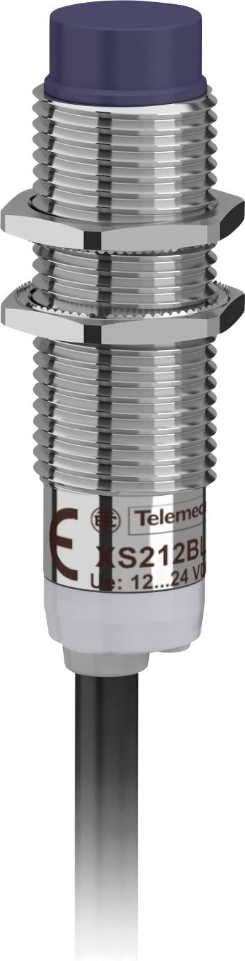 Ein zylindrischer Näherungssensor aus Metall mit einer blauen Kunststoffspitze und einem Kabelanschluss unten, gelabelt mit 'XS212B'.