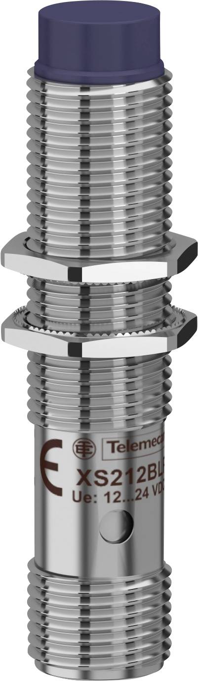 Metallsensor in zylindrischer Bauform mit blauem Kopf. Aufschrift 'XS212B' und '12-24 VDC'.