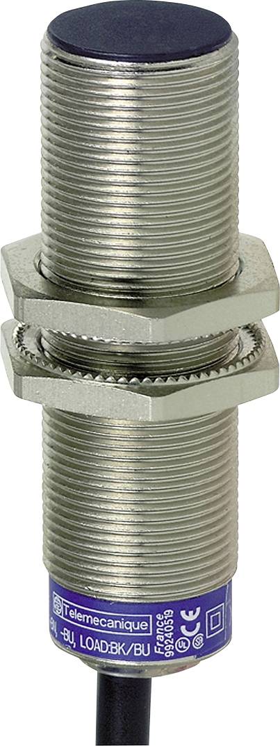Ein zylindrischer induktiver Näherungssensor mit Metallschraubengewinde und Kabelanschluss, zur Erkennung metallischer Objekte.