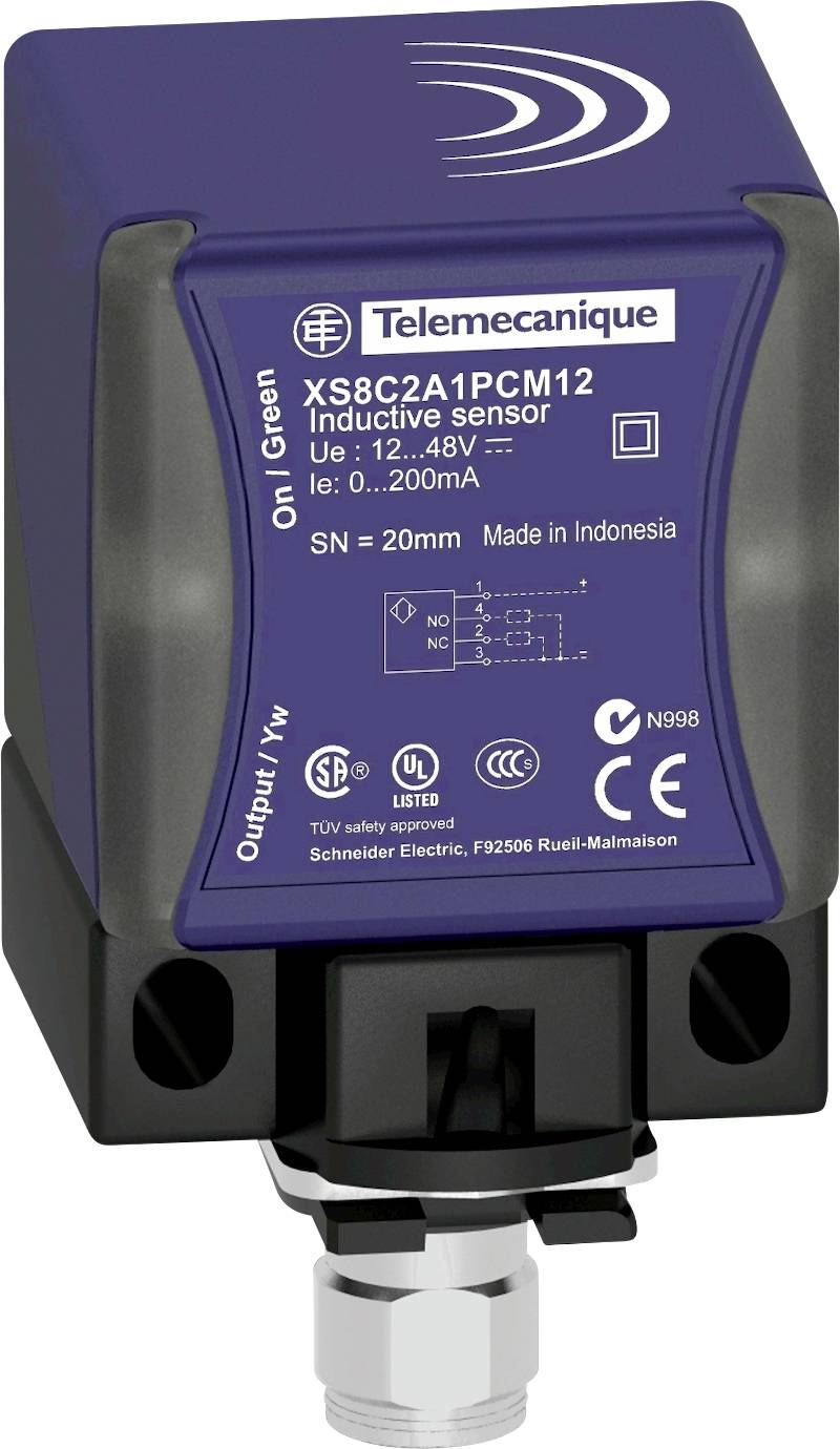 Blauer quadratischer induktiver Sensor von Telemecanique mit Modellnummer XS8C2A1PCM12. Stromversorgung: 12-48V, Output: 0-200mA.