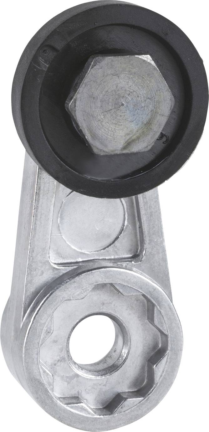 Metallisches Umlenk- oder Spannrollelement mit schwarzem Ring, vermutlich für den Einsatz in mechanischen oder Automobilsystemen.