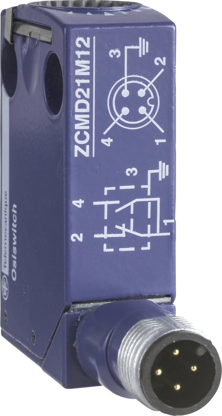 Blauer elektrischer Schalter mit schwarzem Rundstecker, bezeichnet als 'ZCMD21M12', zeigt interne Schaltkreissymbole und Anschlussnummerierung.