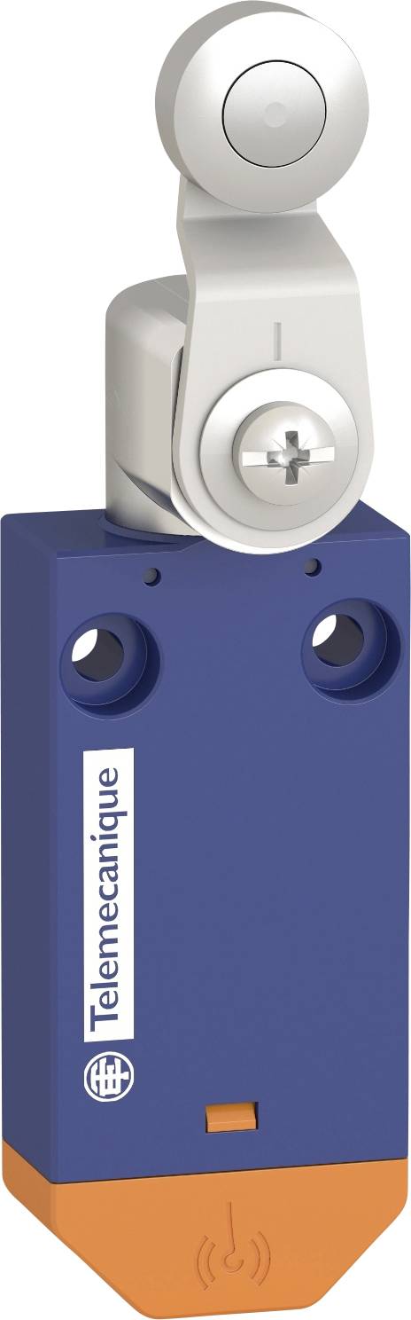 Ein blauer Endschalter von Telemecanique mit silbernem Hebel für industrielle Anwendungen.