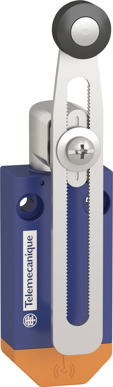 Ein blauer Sicherheitsschalter mit Hebel und Zahnrad. Darauf befindet sich das Logo und der Schriftzug 'Telemecanique'.