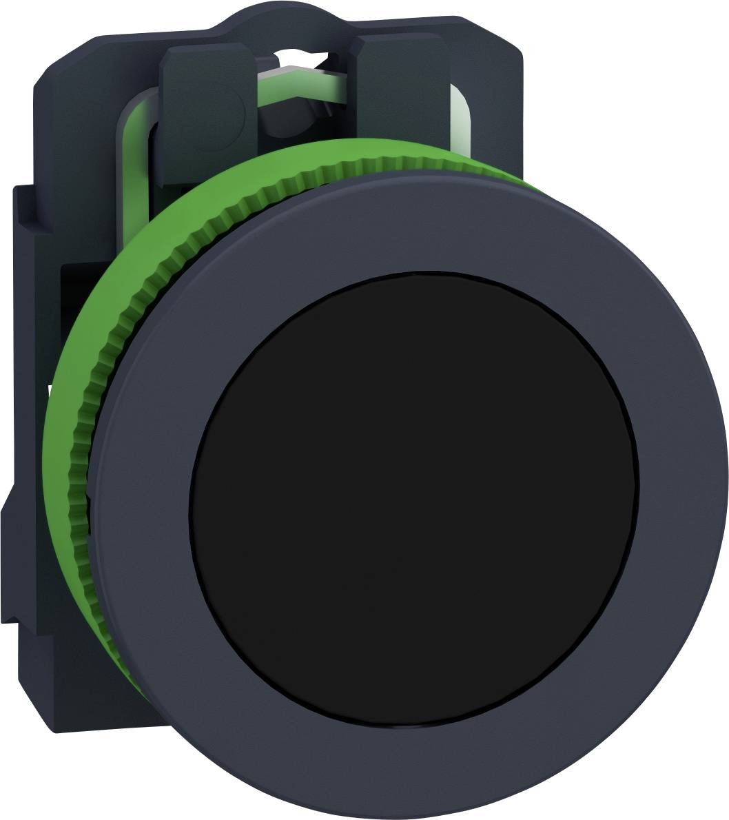 Schwarzer und grüner Druckknopf in einem Gehäuse, wahrscheinlich Teil eines elektronischen Bedienfelds.