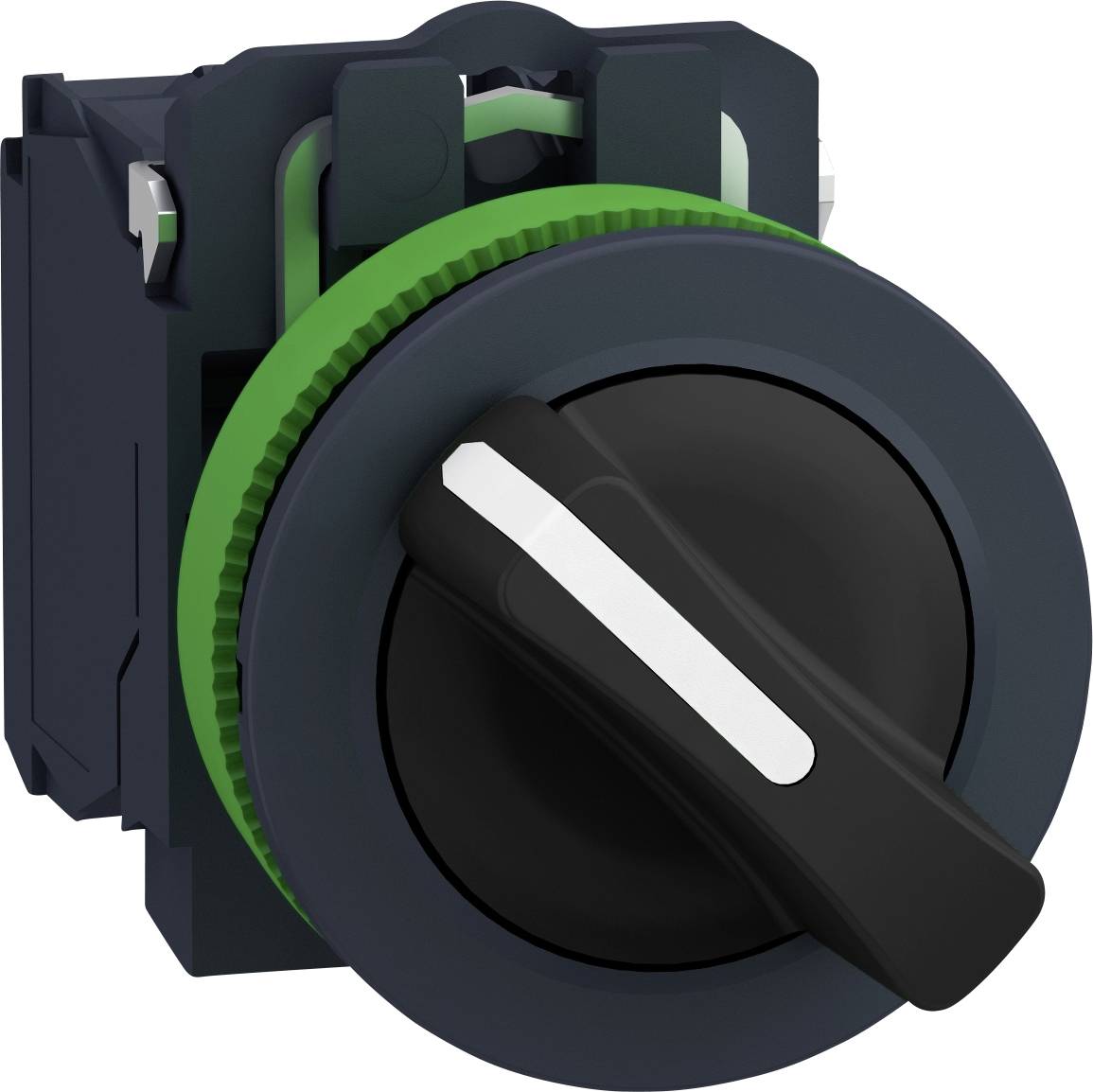 Schwarz-grüner Elektronikschalter mit Drehgriff, geeignet für industrielle Steuerungssysteme, zeigt robuste Bauweise.