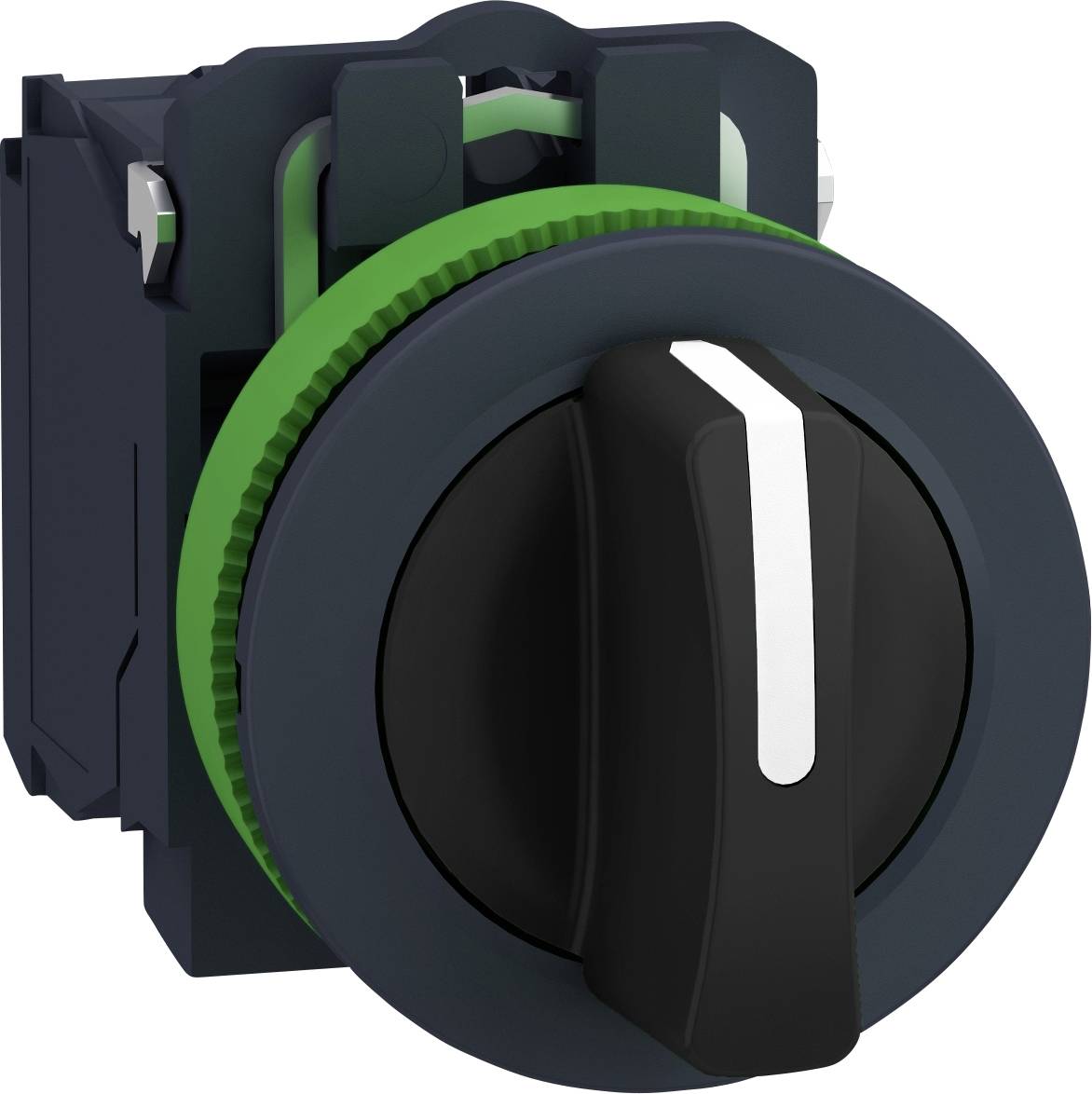 Schwarzer Drehschalter mit grünem Ring und weißer Markierung, montiert auf schwarzem Gehäuse.