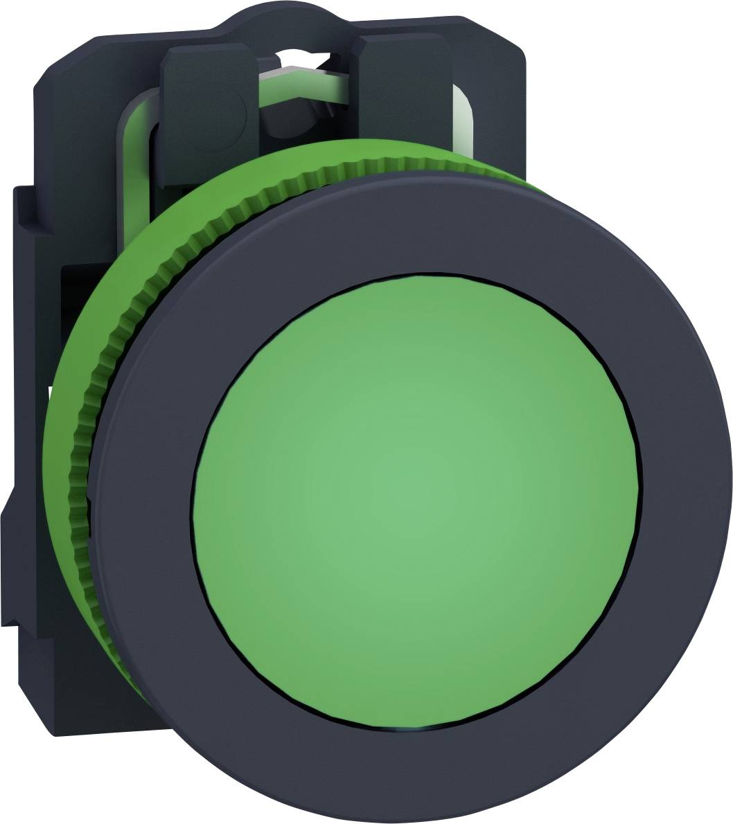 Ein großer, runder, grüner Druckknopf mit einem schwarzen Gehäuse, zeigt, dass er bereit oder im Standby-Modus ist.