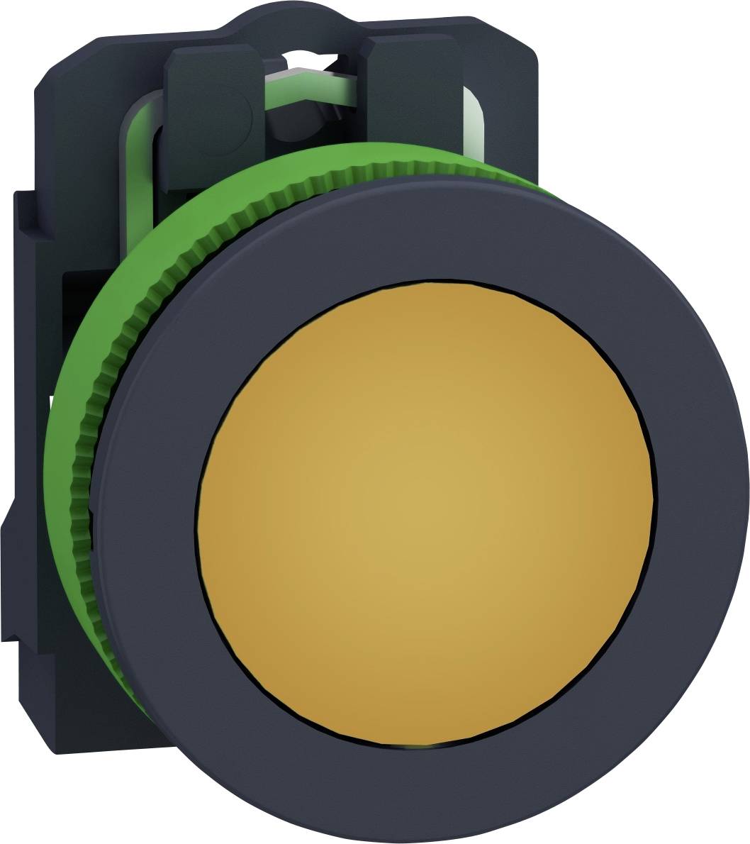 Runder, großer, gelber Knopf mit schwarzem Rand und grünem Detail auf der Rückseite. Verwendung unklar.