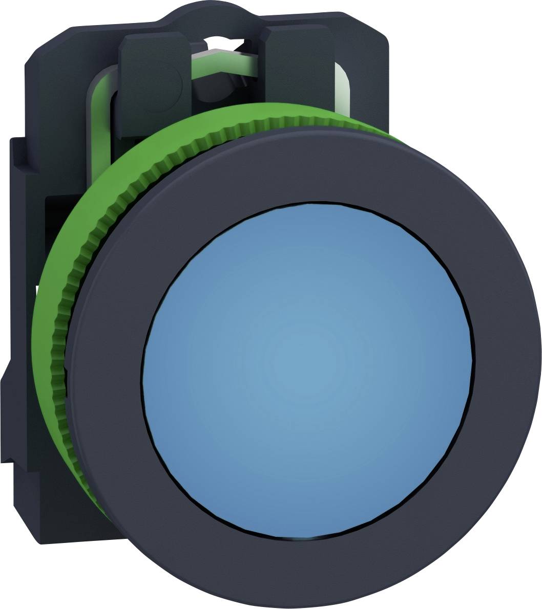 Ein großer, kreisförmiger, blauer Knopf mit einem grünen Ring auf einem schwarzen Hintergrund, typischerweise für Steuerungen verwendet.