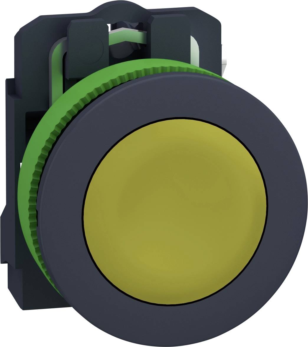 Großer, runder, gelber Knopf mit grünem Ring auf dunklem Hintergrund.