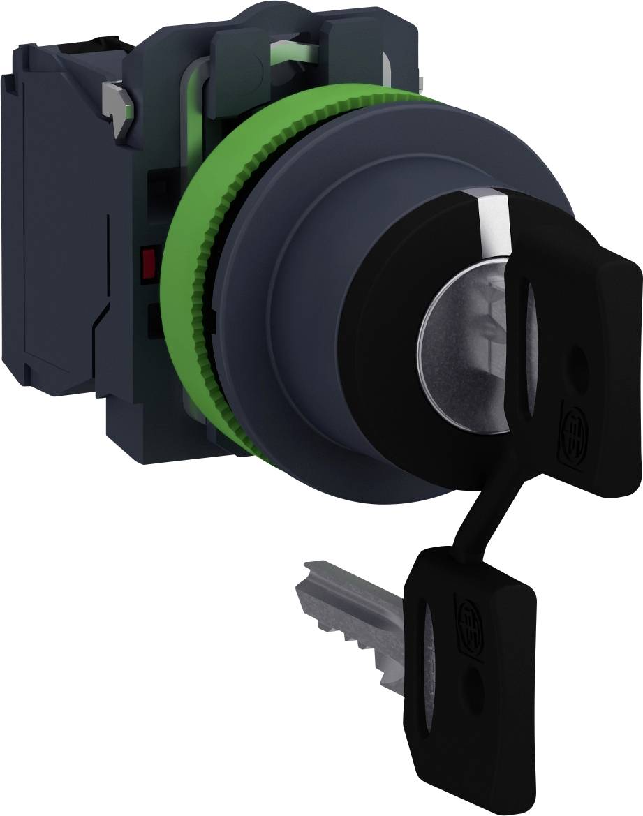 Schlüsselschalter mit zwei eingelegten Schlüsseln, umgeben von grauer Gehäuseeinheit und grünem Ring, zur Steuerung von Geräten.