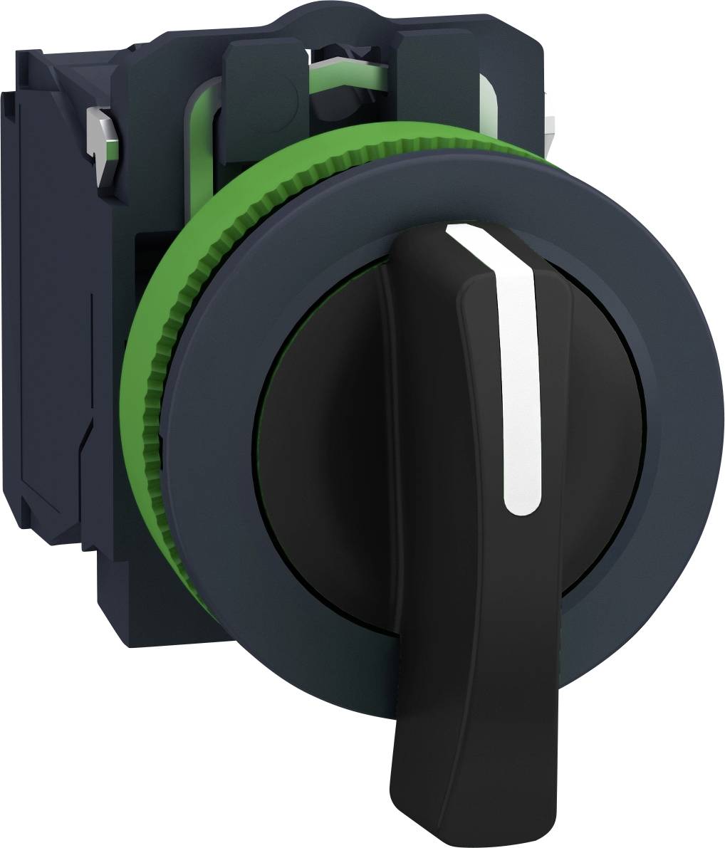 Drehschalter mit schwarzem Griff und grünem Ring, montiert auf schwarzer Basis, zur Steuerung elektrischer Geräte.
