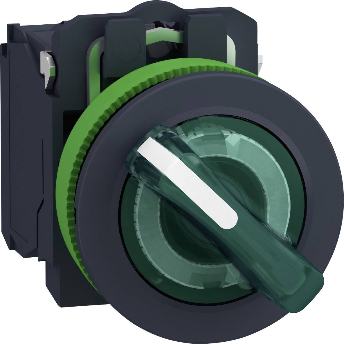 Drehschalter mit grünem Griff und schwarzer Basis, geeignet zur Steuerung elektrischer Geräte, in technisch-industriellem Design.