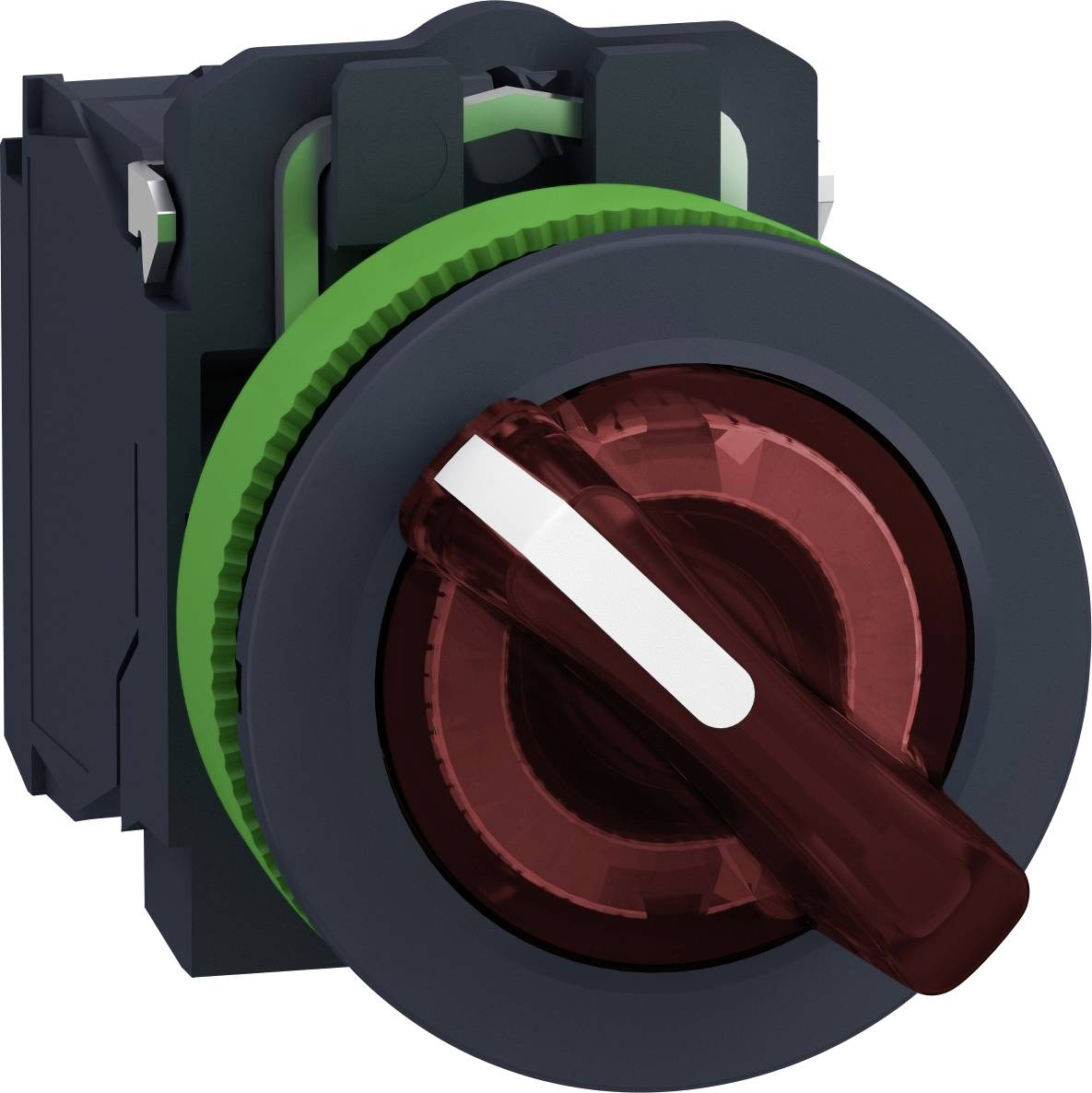 Ein roter Drehschalter mit grünem Ring, montiert auf einer elektrischen Komponente, zeigt die Position 'Aus'.