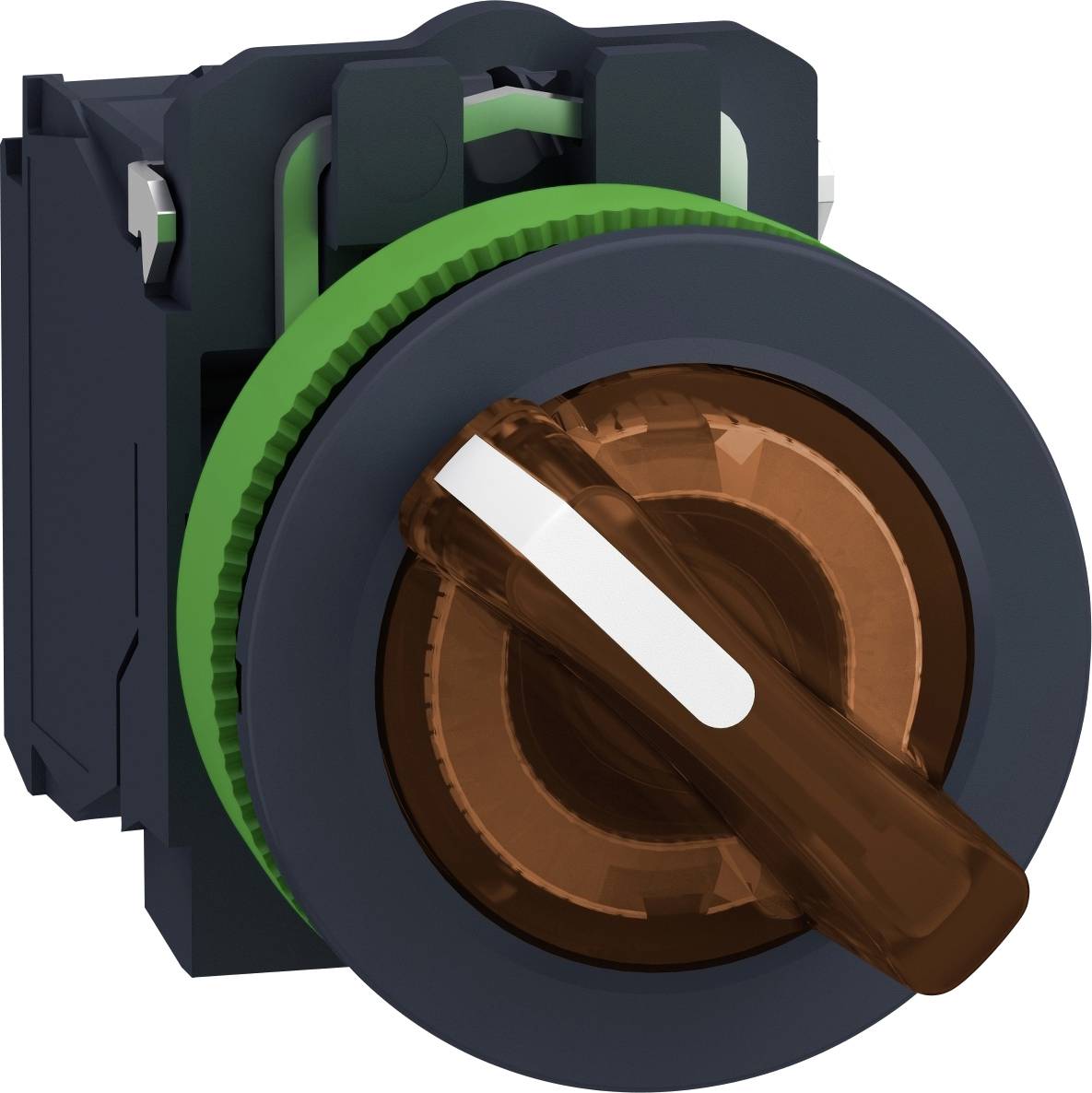 Drehschalter mit grünem und braunem Gehäuse, zeigt nach links. Verwendet zur Steuerung elektrischer Geräte oder Maschinen.