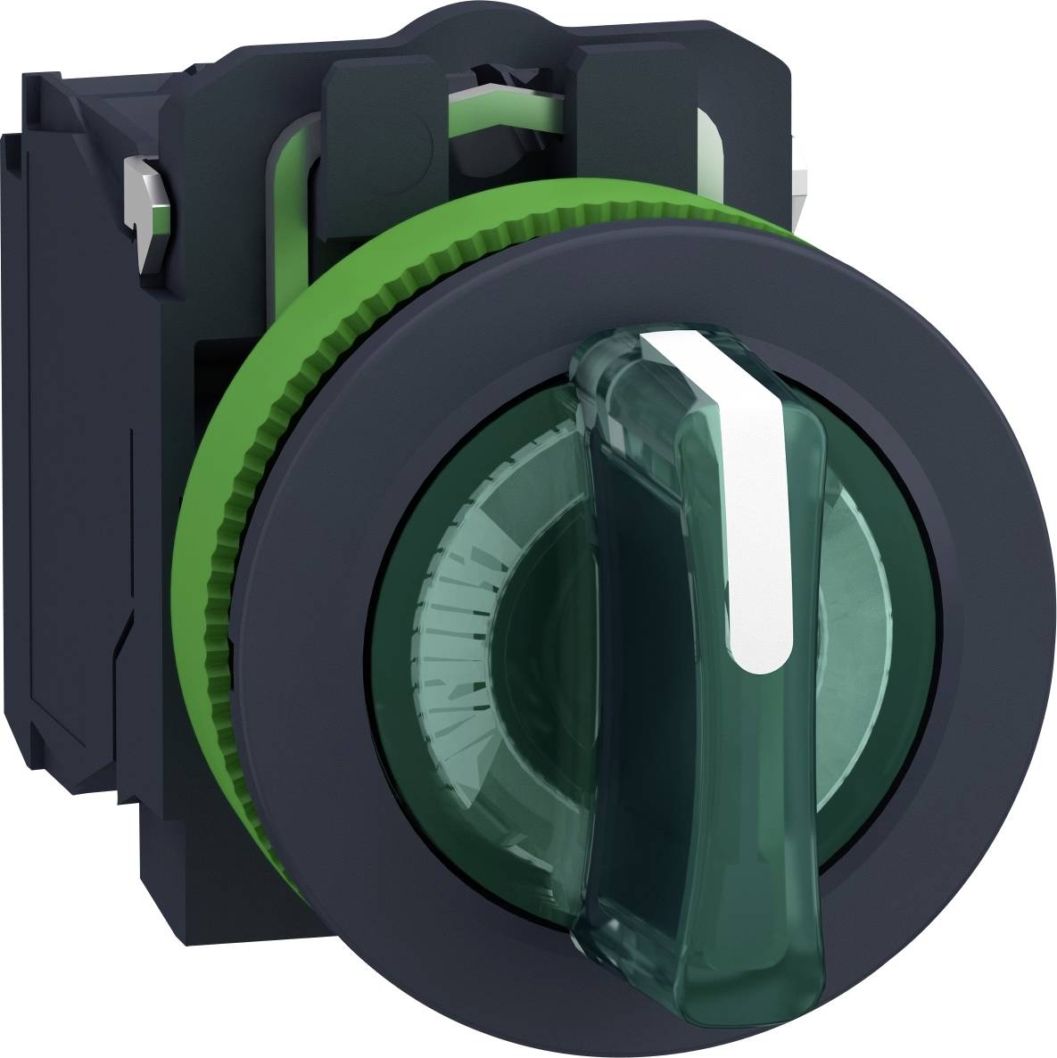Schalter mit grünem Drehknopf und weißem Indikatorpfeil, montiert auf schwarzem Sockel. Eignet sich für industrielle Steuerungen.