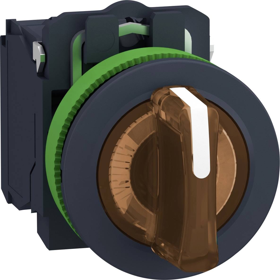 Schalter mit grünem und braunem Gehäuse, Drehknopf-Mitte teilweise transparent. Mechanischer Betätiger für elektrische Anwendungen.