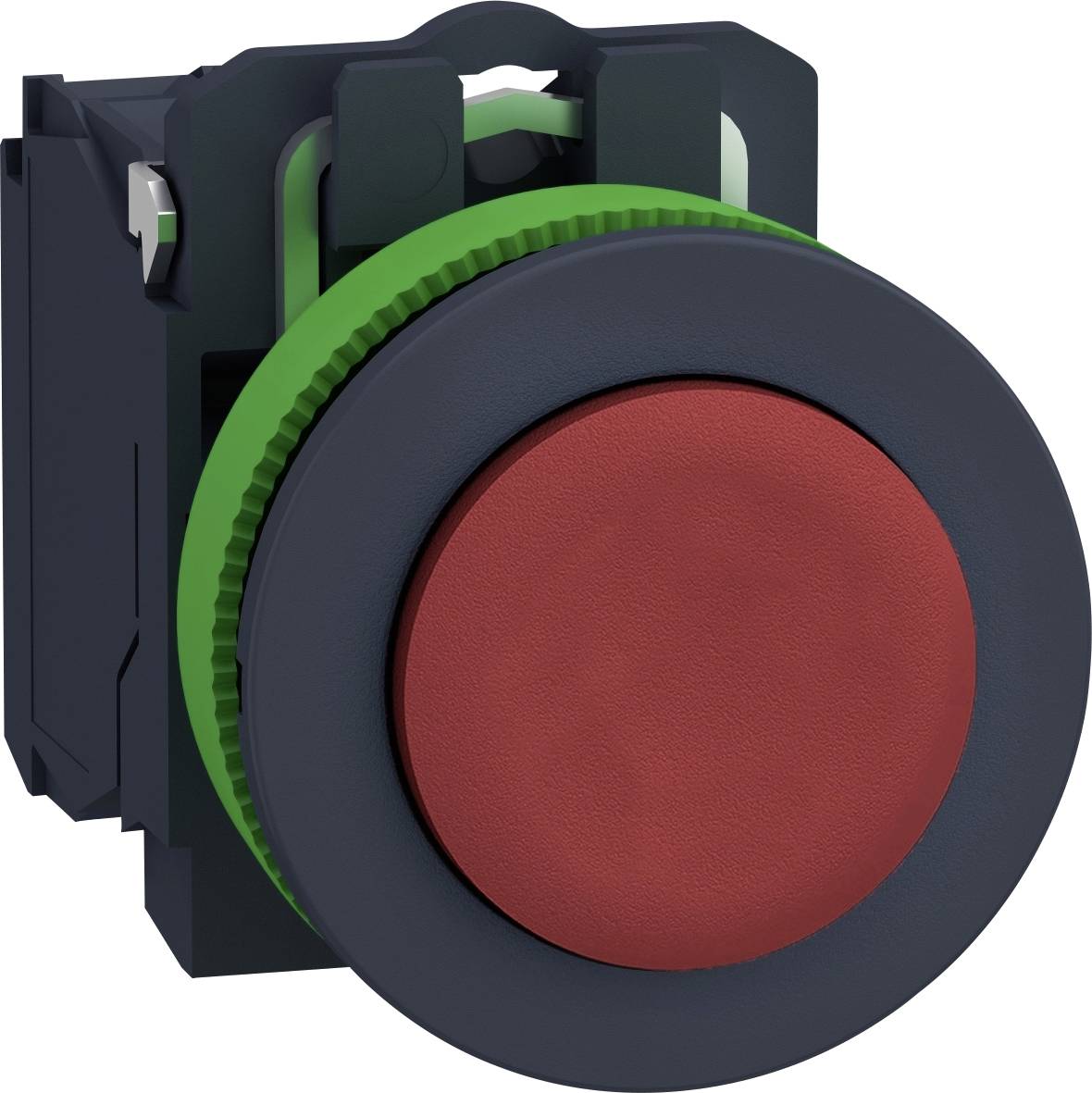 Roter Not-Aus-Knopf mit grünem Ring. Sicherheitsmerkmal zur sofortigen Abschaltung in Notfällen.