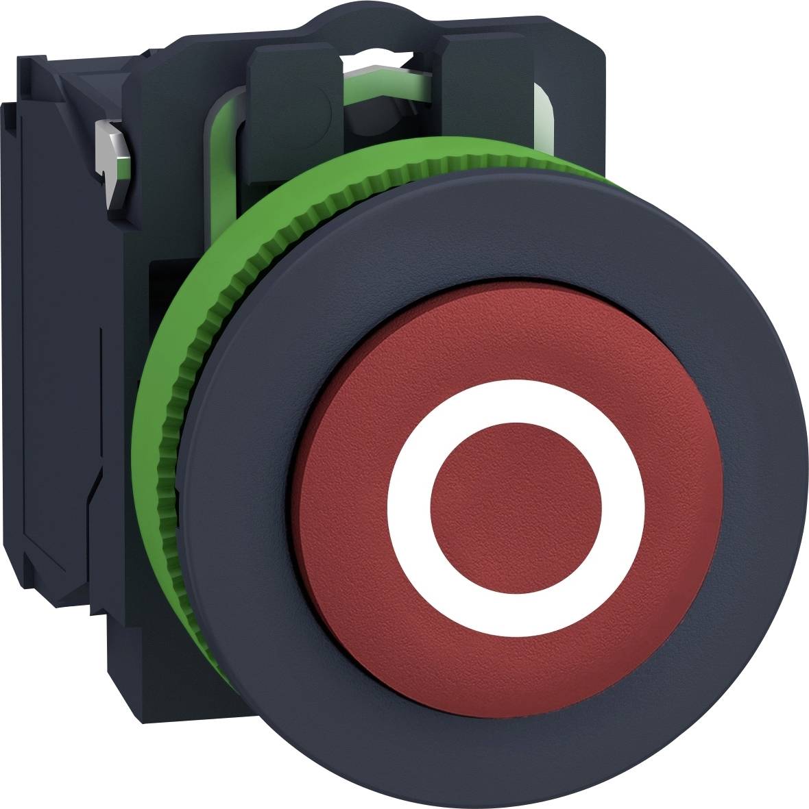 Ein roter Druckknopf mit einem weißen Kreis in der Mitte ist auf einem schwarzen Gehäuse montiert. Der äußere Rand des Knopfes ist grün.