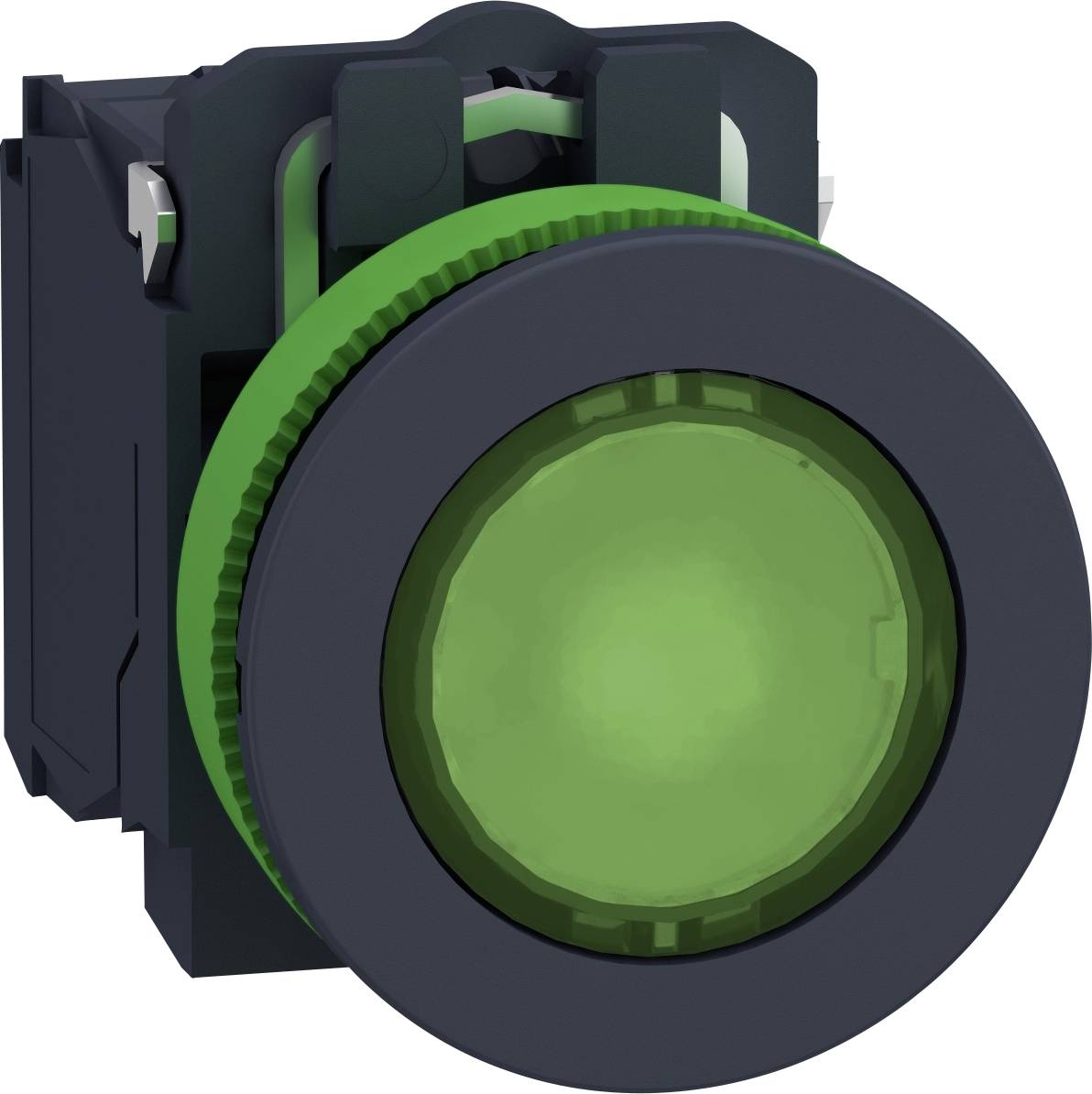 Grüner Druckknopf in einem schwarzen Gehäuse, oft genutzt in industriellen Steuerungssystemen zur Bedienung verschiedener Funktionen.