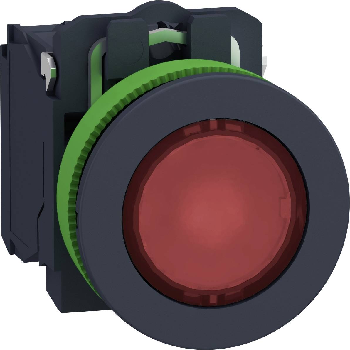 Ein roter Druckknopf in einer grünen Fassung, verwendet in elektrischen Steuerungen zur Bedienung von Maschinen oder Geräten.