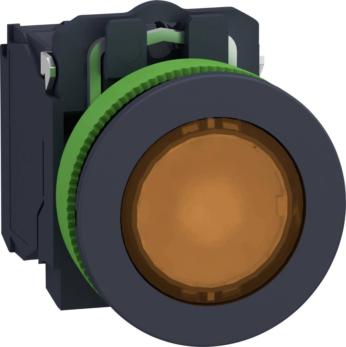 Ein großer, runder, orangefarbener Knopf mit grünem Rand und schwarzer Halterung, wahrscheinlich Teil eines technischen Geräts oder einer Maschine.