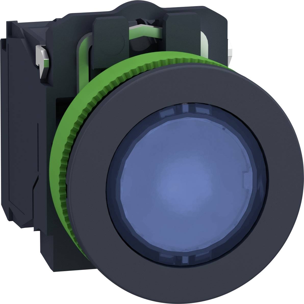 Abgebildet ist ein blauer, runder Druckknopf mit einem grünen Ring in einem schwarzen Gehäuse.