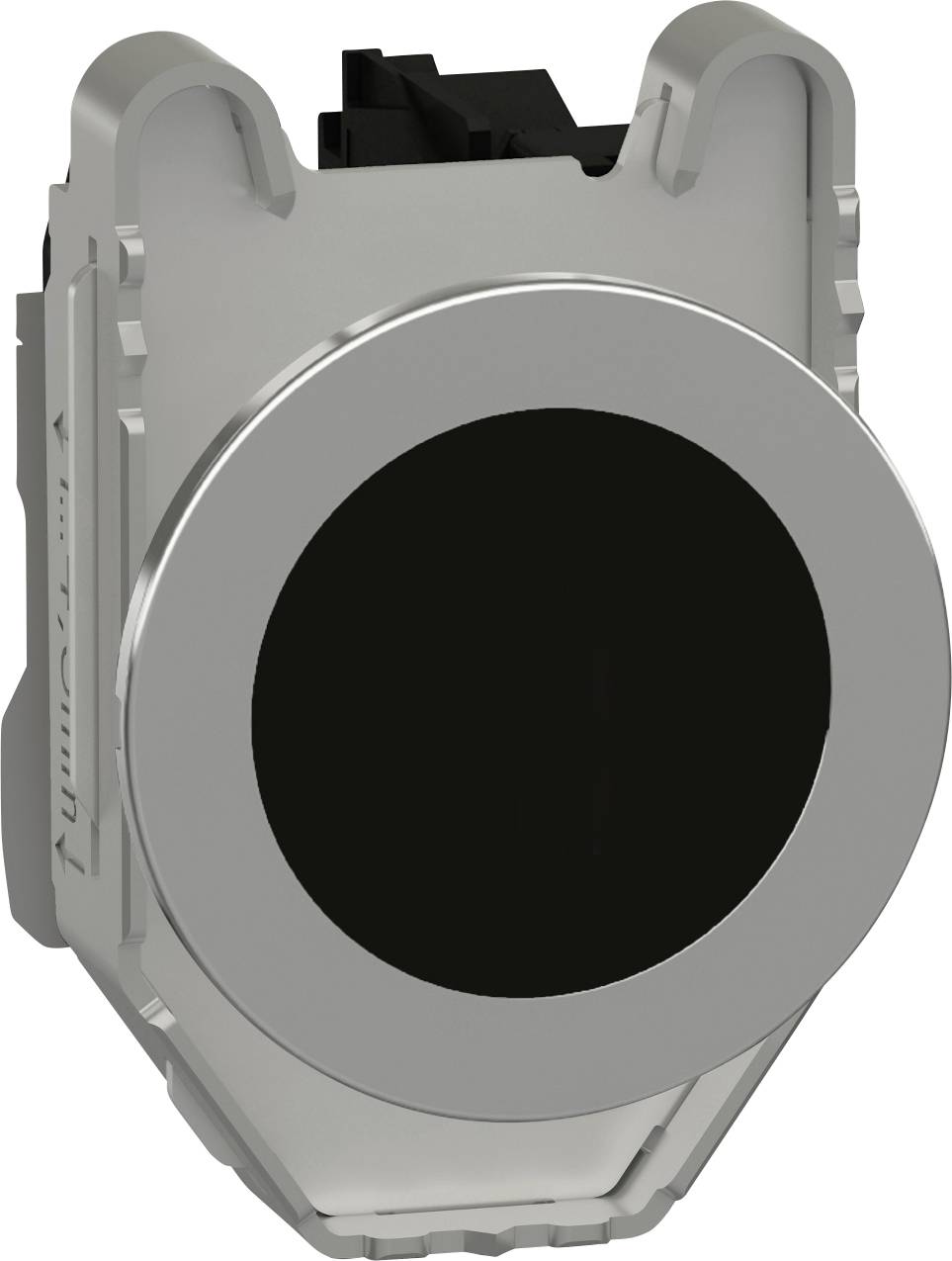 Ein runder, silberner Metallschalter in einer Halterung. Der Schalter hat eine schwarze Oberfläche.