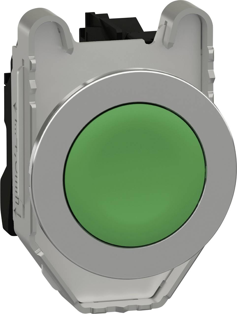 Grüner runder Knopf mit silbernem Rand, geeignet zum Einbau in Steuerpulte oder Maschinen.