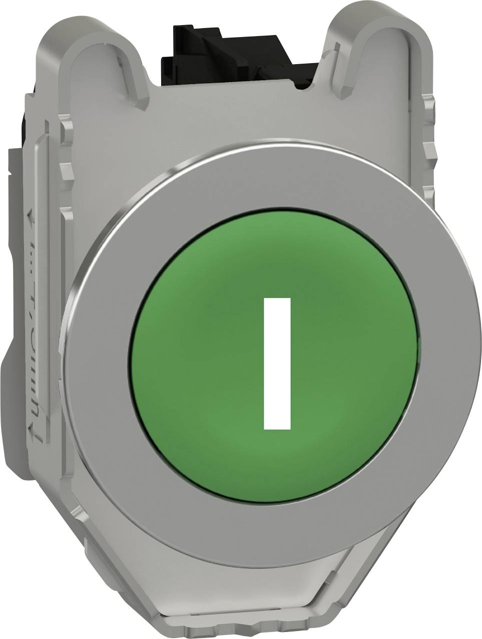 Runder grüner Knopf mit einem weißen Symbol in der Mitte, das einen vertikalen Strich zeigt. Dient als Einschaltknopf oder Startsymbol.