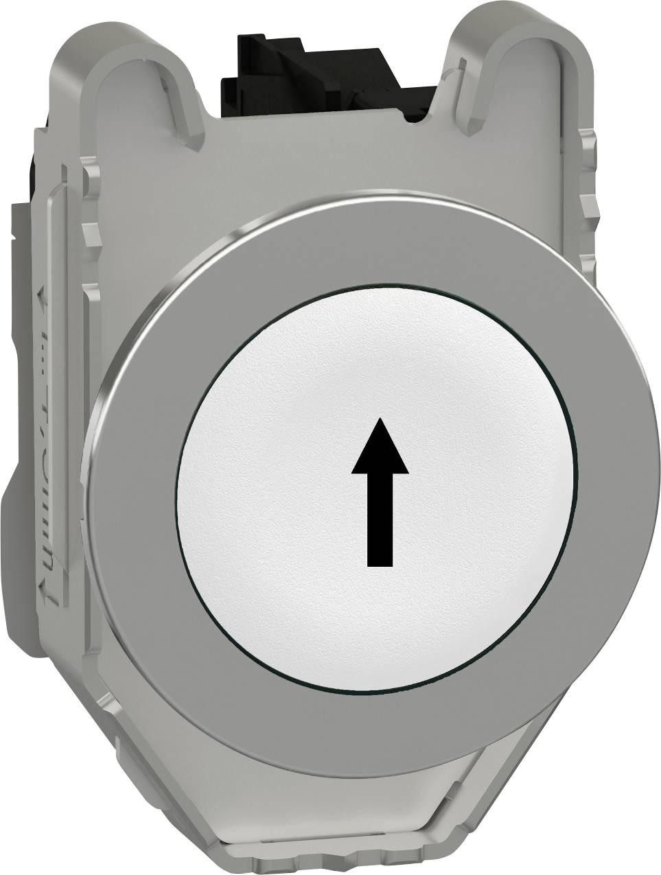 Ein silberner, runder Knopf mit schwarzem Pfeil nach oben, verwendet zur Bedienung mechanischer oder elektronischer Systeme.