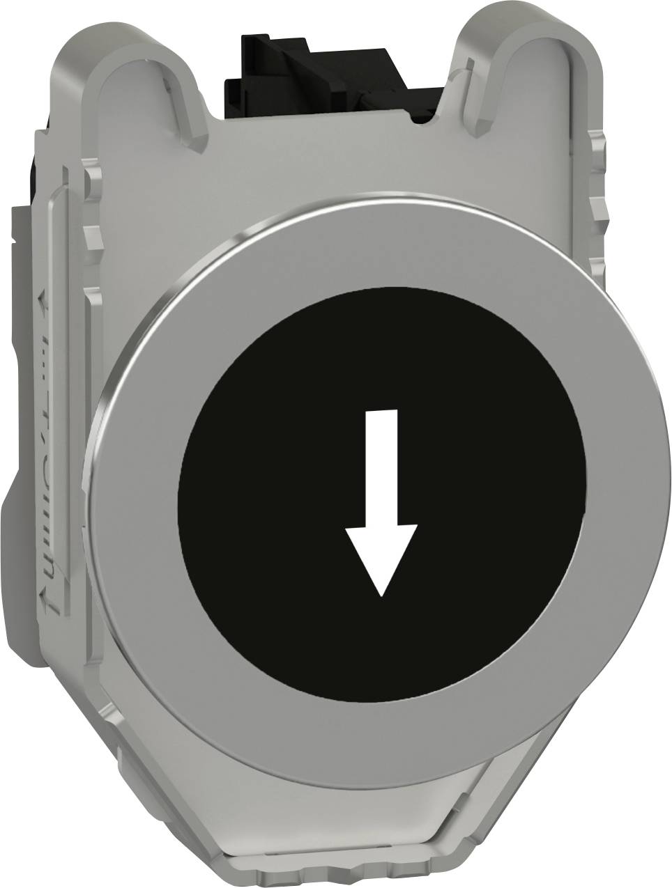 Eine kreisförmige Taste mit einem weißen Pfeil, der nach unten zeigt, auf einem schwarzen Hintergrund.