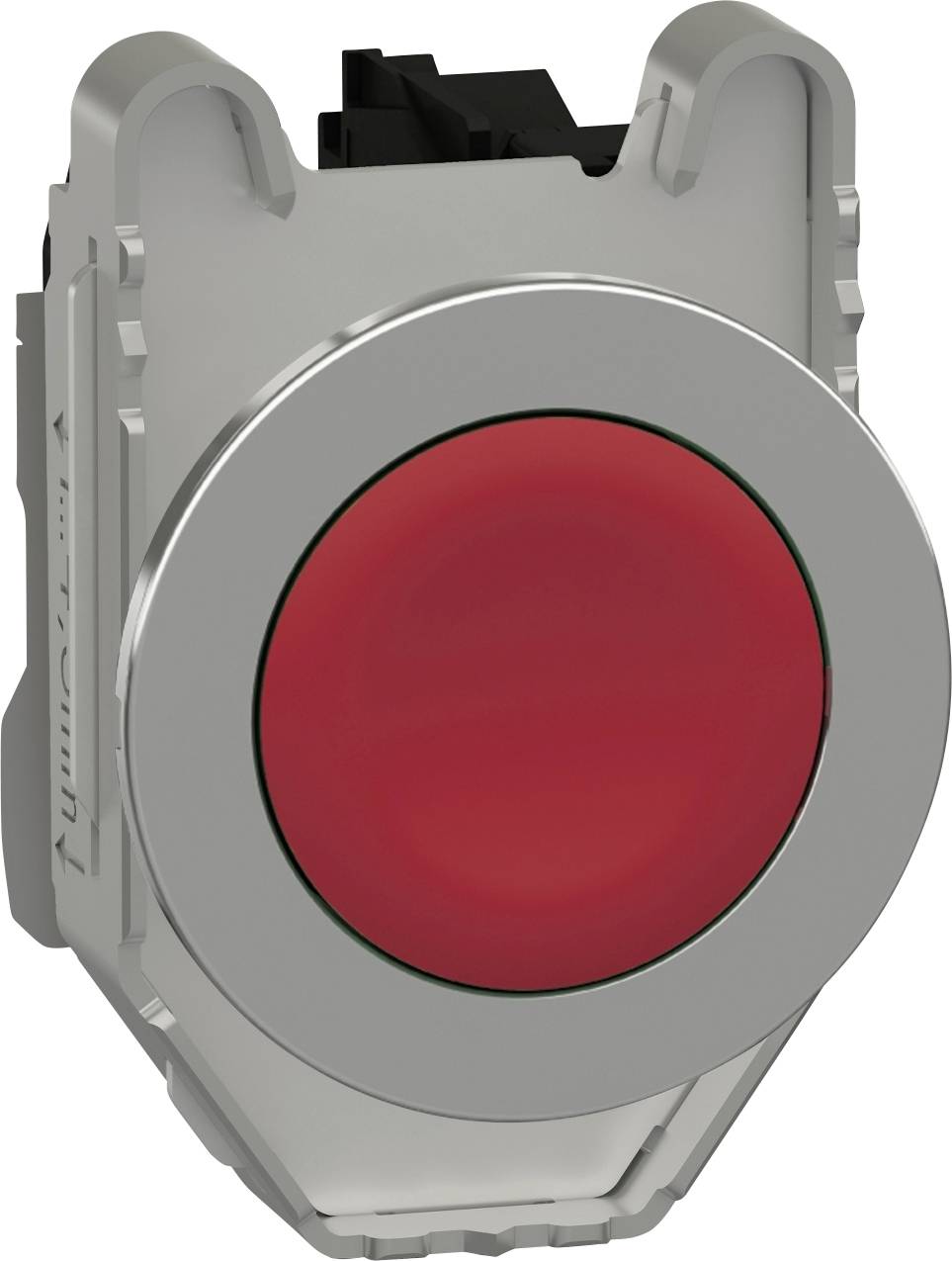 Roter runder Knopf in einer metallischen Fassung, verwendet für industrielle Bedienfelder zur Aktivierung oder Deaktivierung von Funktionen.