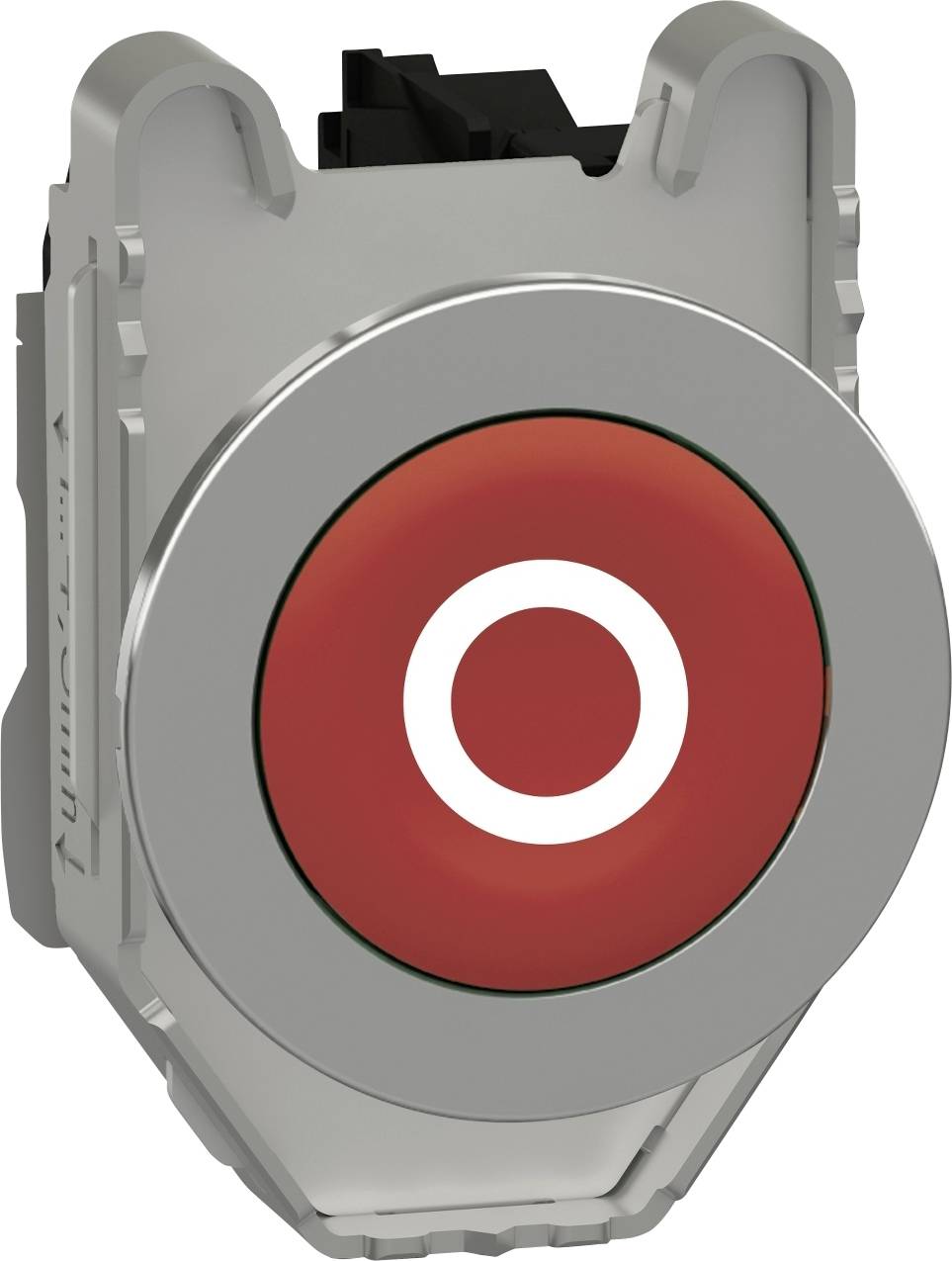 Roter runder Knopf mit weißem Kreis in der Mitte, eingebaut in eine silberne Halterung.