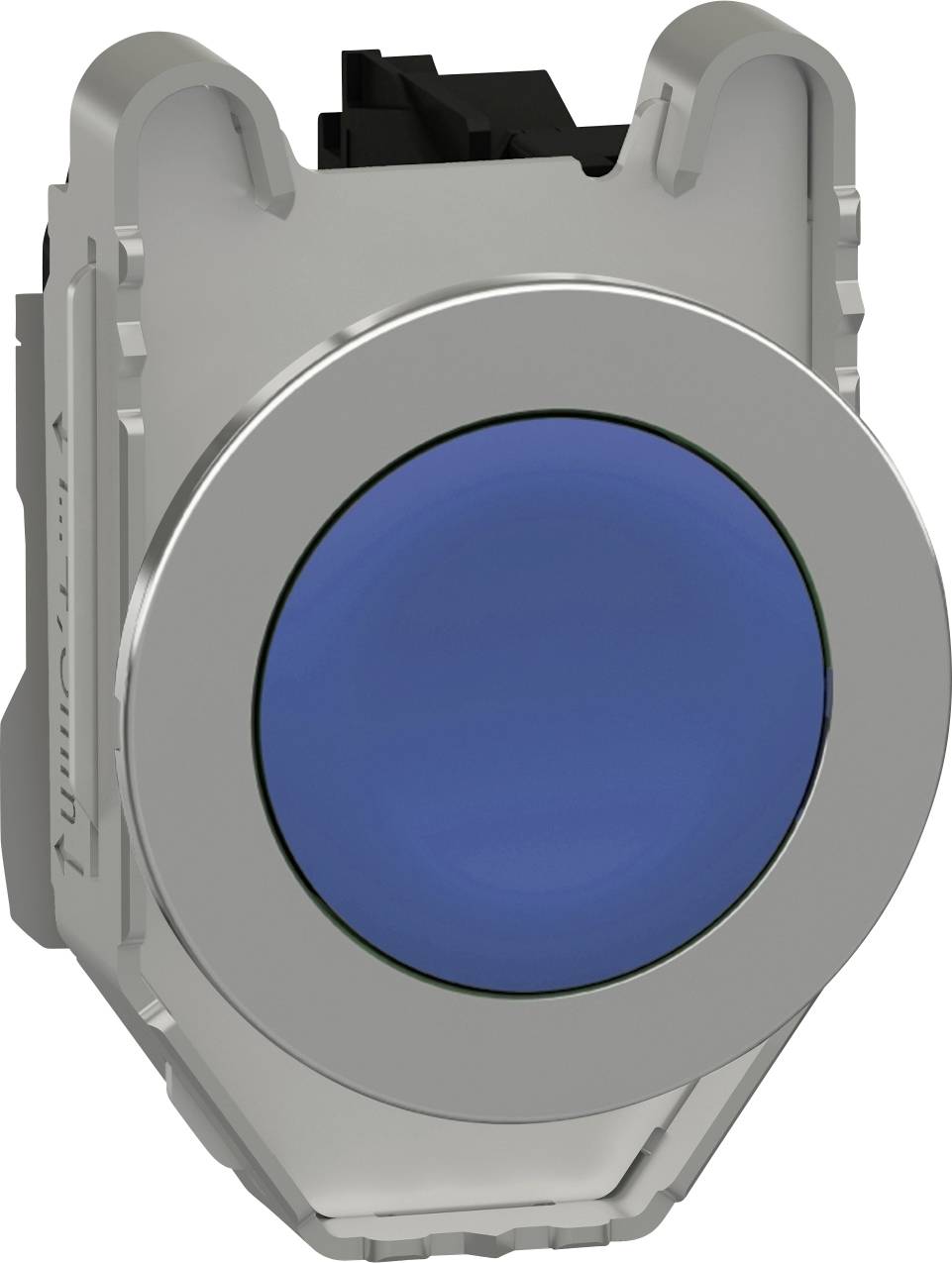 Ein runder, blauer Druckknopf in einer silbernen Fassung, oft zur Steuerung von Maschinen oder Geräten verwendet.