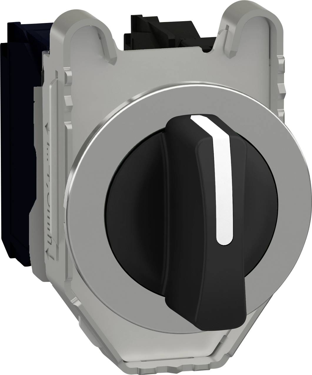 Silberner elektrischer Drehschalter mit schwarzem Griff und weißer Markierung, montiert in einer schwarzen Halterung.