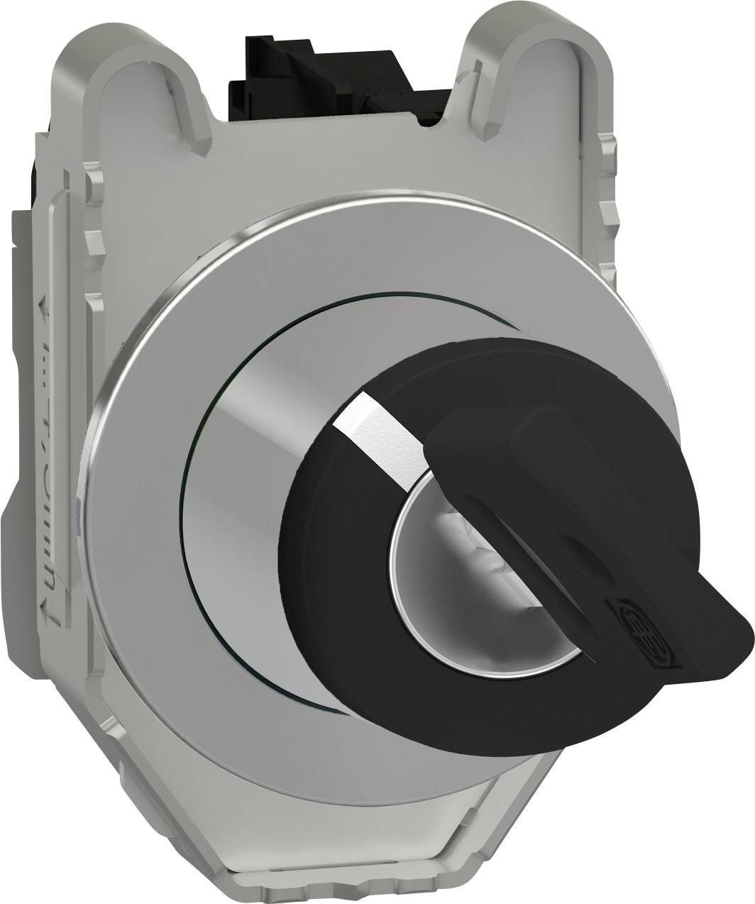 Ein silberner Schalter mit einem schwarzen Drehgriff, vermutlich für industrielle Steuerungsanwendungen.