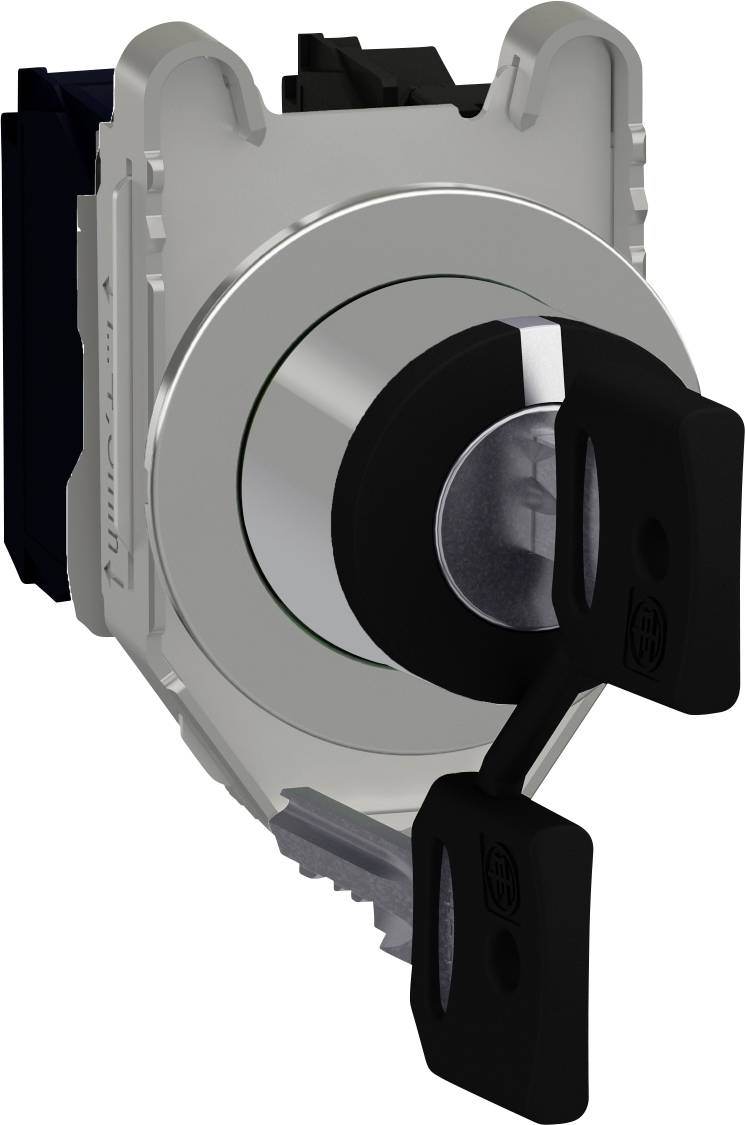 Abbildung eines Schlüsselschalters mit eingesetztem Schlüssel in neutraler Position, zur Steuerung von Maschinen oder Anlagen.