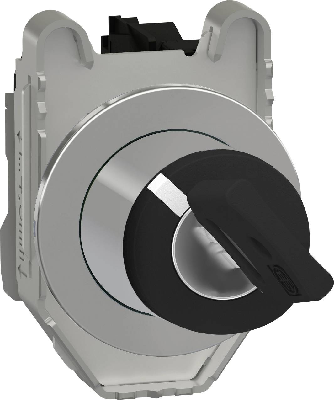 Ein metallischer Drehschalter mit schwarzem Kunststoffgriff, befestigt in einer grauen, rechteckigen Halterung, wird gezeigt.