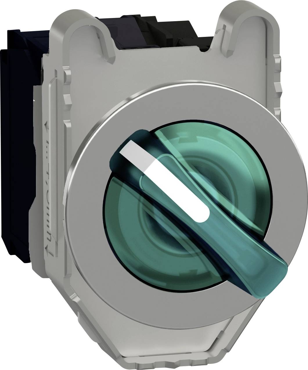 Rundes grün-blaues Schalterelement mit metallischer Umrandung, seitliche Kippfunktion fördert Sichtbarkeit und Kontrollzugang.