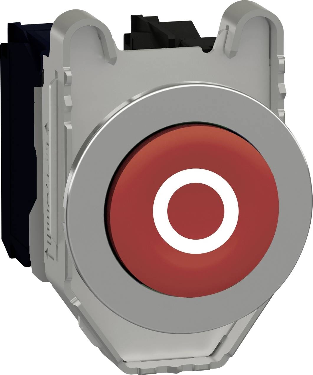 Ein roter Not-Aus-Knopf auf einem grauen Gehäuse, bereit zur Installation, um im Notfall Maschinen sicher abzuschalten.